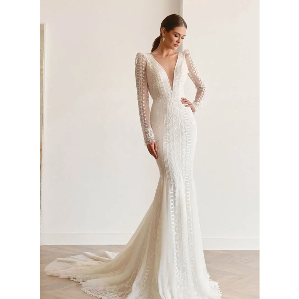Modern Mermaid Gown Wedding Dresses Simple Pattern Lace Bridal Gowns Big Size V-Neck Vestidos De Novia Custom Size Colour