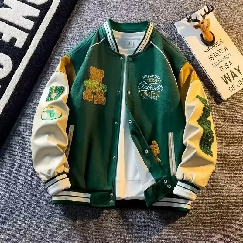 Spring Autumn Mens Woolen Jacket Color Blocked Baseball Uniform Embroidered Vintage Korean Patchwork Leather Coat Men Clothing 251028
