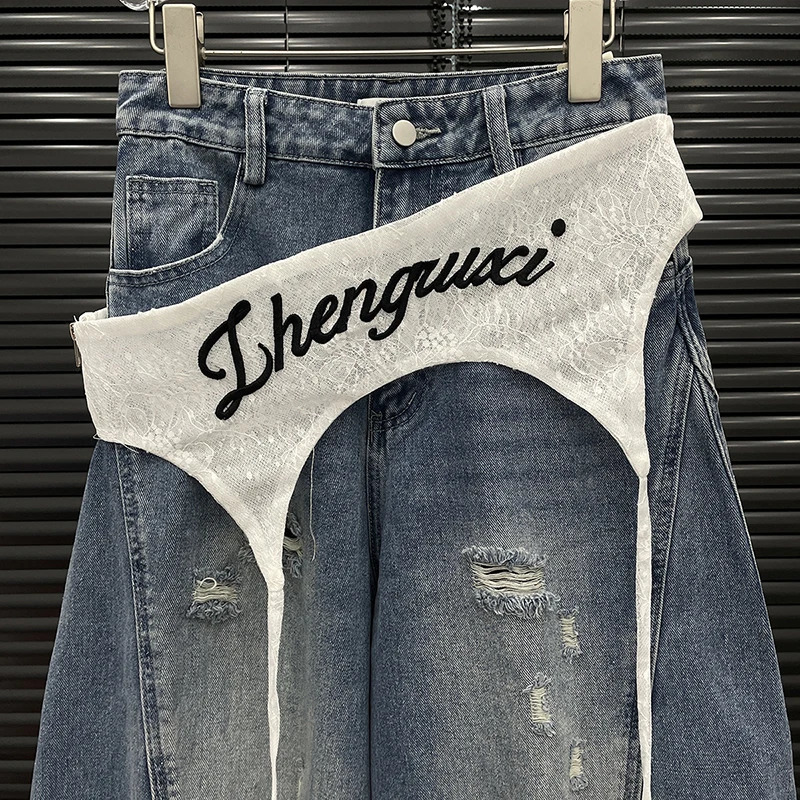 DEAT Vintage Fashion Womens Lace Waist Cover Jeans Niche High Waist Straight Wide Leg Denim Pants Female 11A04036 251029