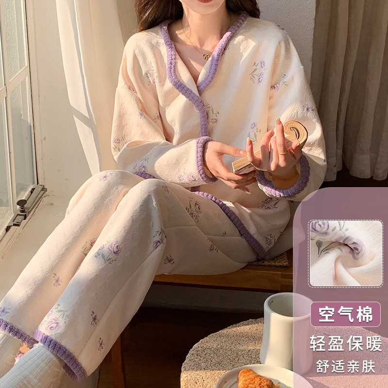 Womens Winter Pajama Set Layered Cotton with Pink PipingFloral Print Lightweight Warmthair Cotton Homewear Thermal Pajamas 251029