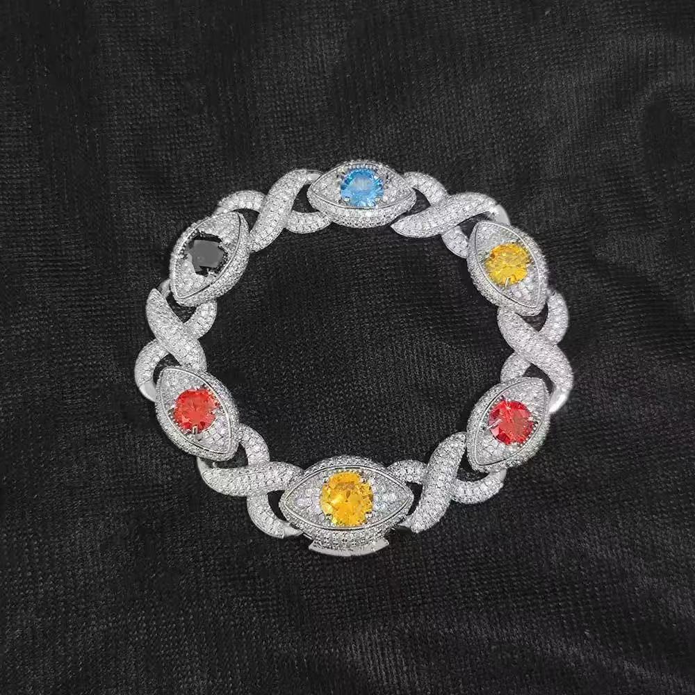 Fashion Evil Eye Color Moissanite Men Iced Out Men Cuban Sier Lab Diamond Hip Hop Bracelet