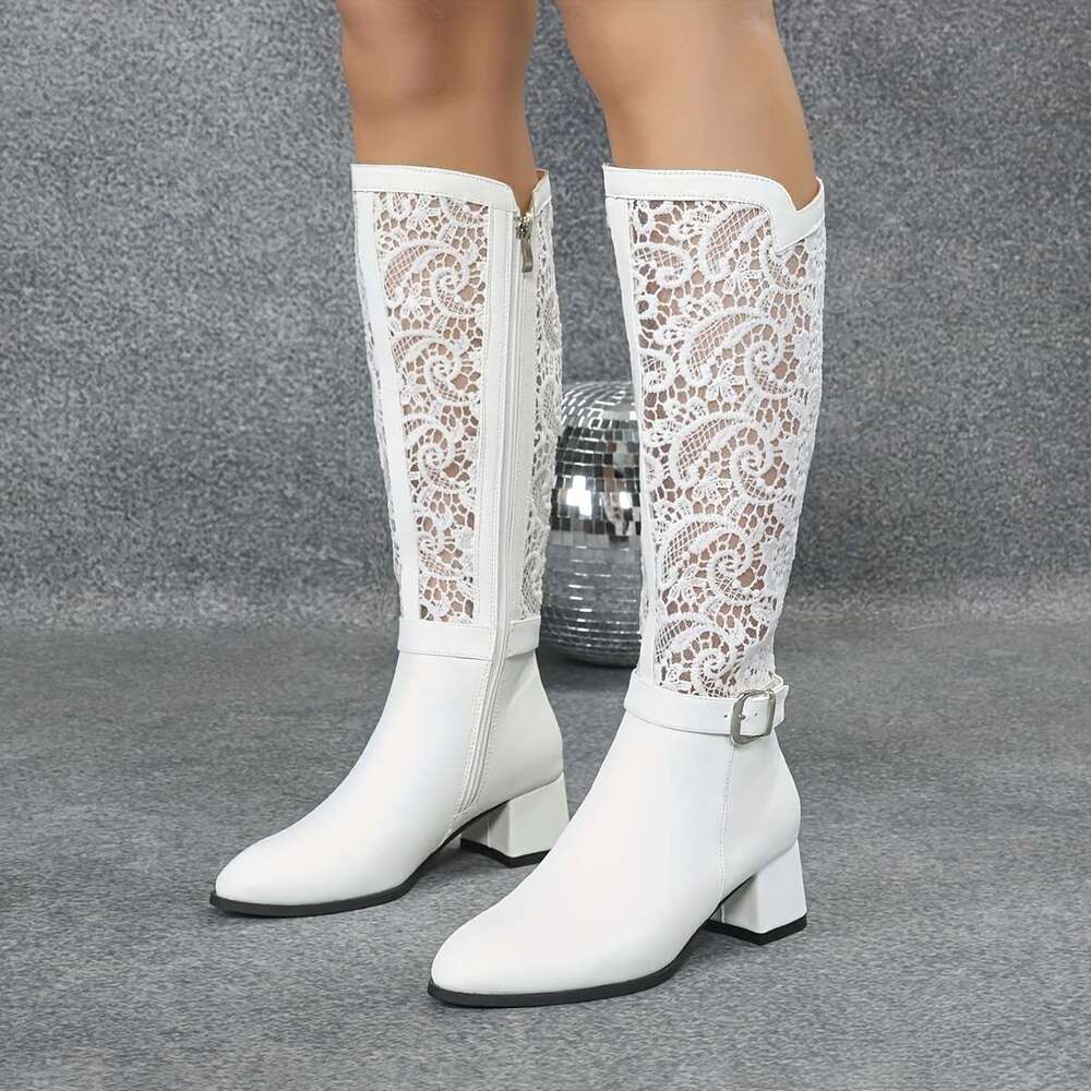 Women's Elegant White Lace-Up With Side Zipper - Chunky Heel, Pointed Toe, Faux Cover Fabric Upper, Comfortable For Fall & Winter, Stylish Indoor