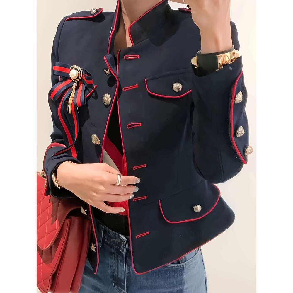 Elegant Women S Slim Fit Long Sleeve With Bowknot Detail Non Stretch Fabric Single Breasted Placket Stand Collar Solid Color Perfect For Spring Fall