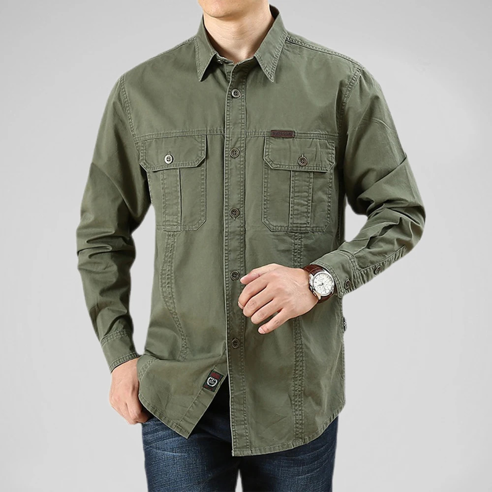 100 Cotton Mens Shirt Solid Color MultiPocket High Quality Cargo Shirts Fashion Outdoor Casual Long Sleeve For Men 251029