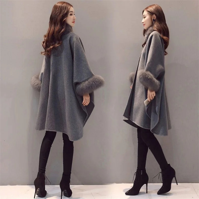 Autumn Winter Fashion Womens Long Fox Fur Collar Wooen Coat Cape Hepburn Style Woolen Plussize Top 251029