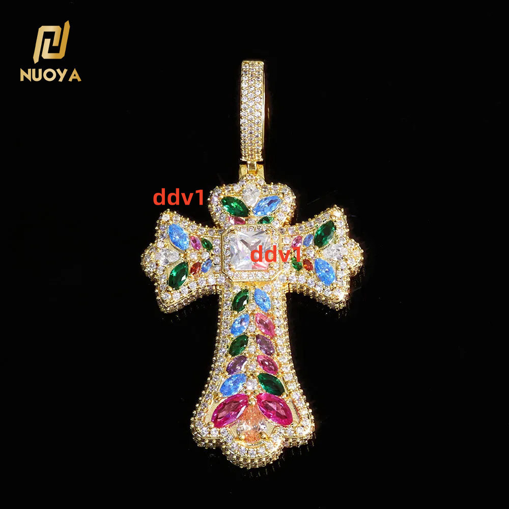 NUOYA Custom Colorful Cross Pendant Large Baguette moissanite Diamond Iced Out Charm Pendant Hip Hop Jewelry for Men and Women Gift Designer's st
