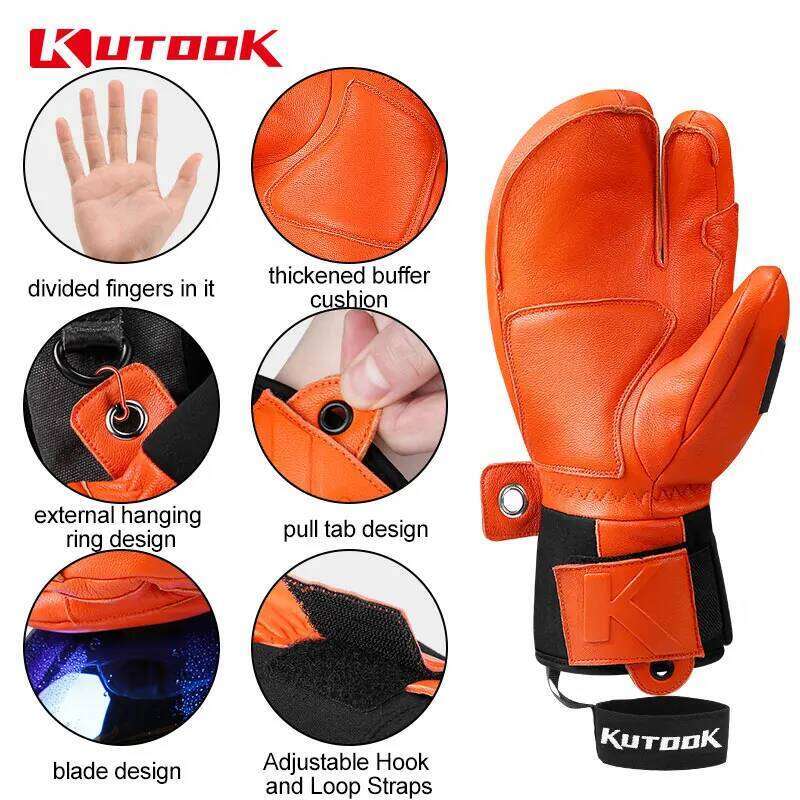 KUTOOK Winter Ski Goatskin Leather Mittens 3M Thinsulate Snowboard Thermal Warm Skiing Gloves Waterproof Men Women