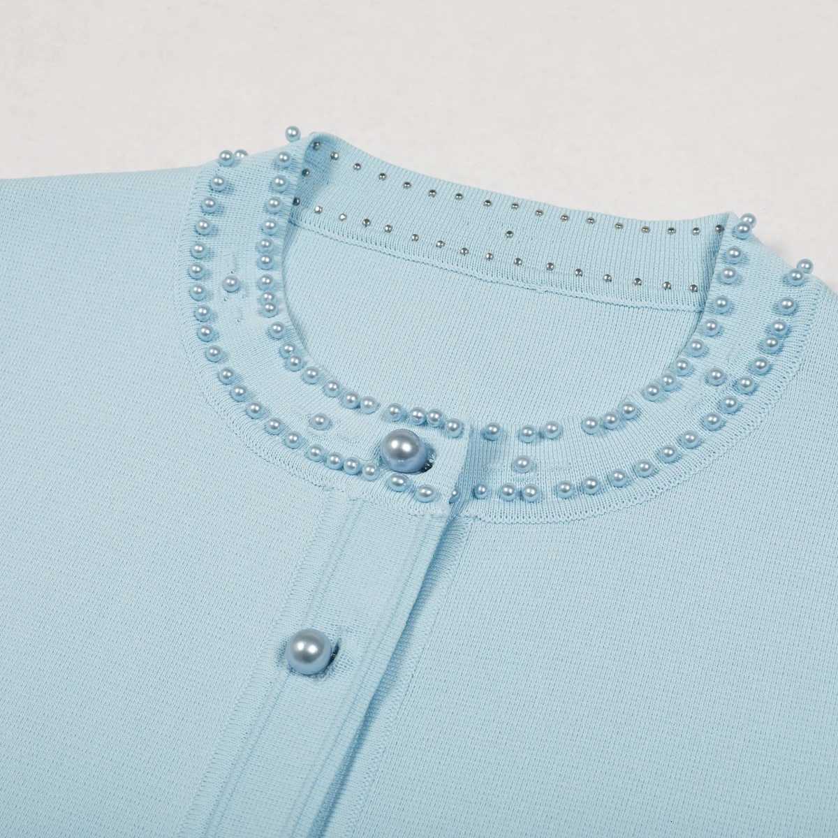 Thr Color Highquty Elastic Knitted New Fashionable Luxury Pearl Long Slved Cardigan Slveless Slim Fit Dress Women Set C251030