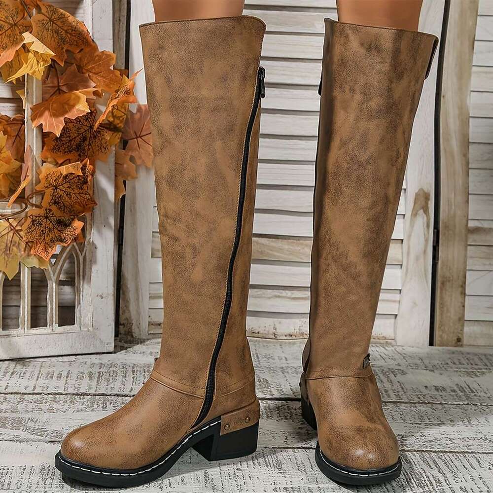 Vintage Style Women's Knee Boots With Side Zipper, Chunky High Heel, Round Toe, Solid Color, Faux Leather, TPR Sole, Casual Fall Collection