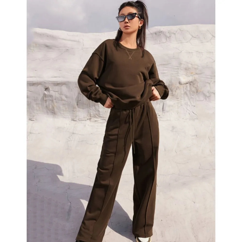 Casual O Neck Sweatshirt Sport Long Pants 2piece Set Womens Autumn Winter Fashion Loose Solid Color Elastic Waist Long Pants 251029
