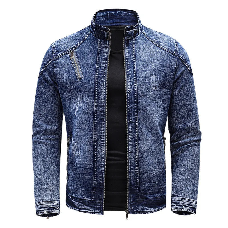 Motorcycle Denim Jacket Men Retro Zippers Stand Collar Coats Mens Cotton Slim Fit Moto Biker Outerwear 251029
