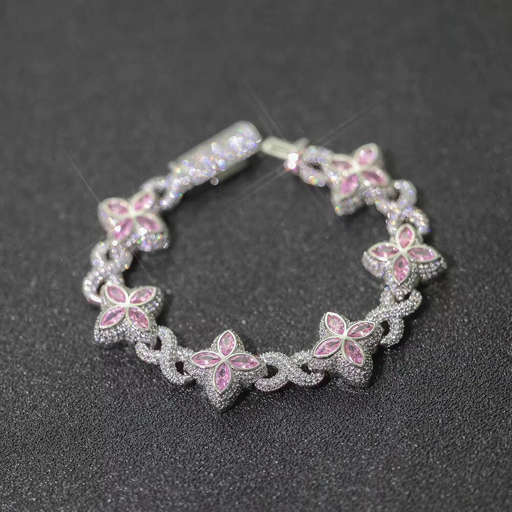 NUOYA New Style 8mm HipHop Jewelry Colorful Four Leaf Clover Chain Silver Plated Brass 5A moissanite Cuban Chain Bracelet for Women Designer's st