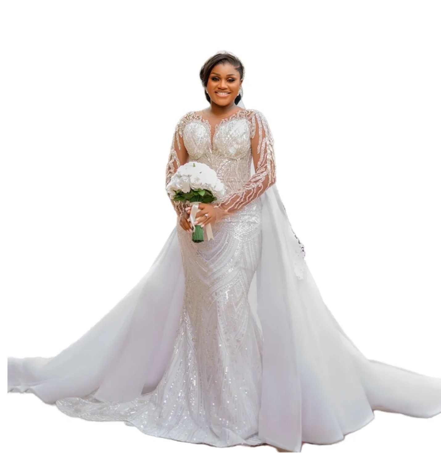 Ivory Mermaid Wedding Dresses Plus Size Lacefull Beaded Detachable Train Full Sleeves Bridal Gowns Dress