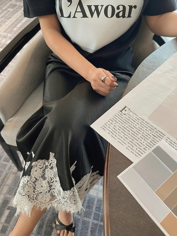 Satin Lace Patchwork Midi Skirt 2025 Women Aline Elegant Smooth Skirt Women Clothing 251028