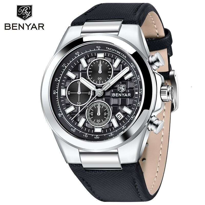 benyar new luminous multifunctional chronograph leather strap mens quartz wristwatch by5206