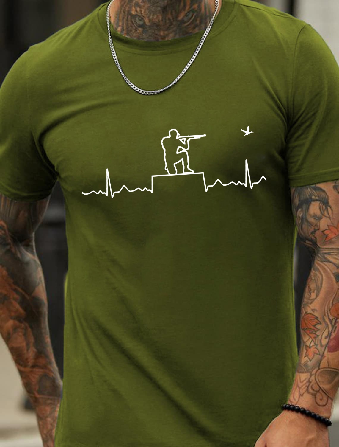 European & American Oversized Hunting Heartbeat Line Print Men's Cotton Summer T-Shirt - TT7082