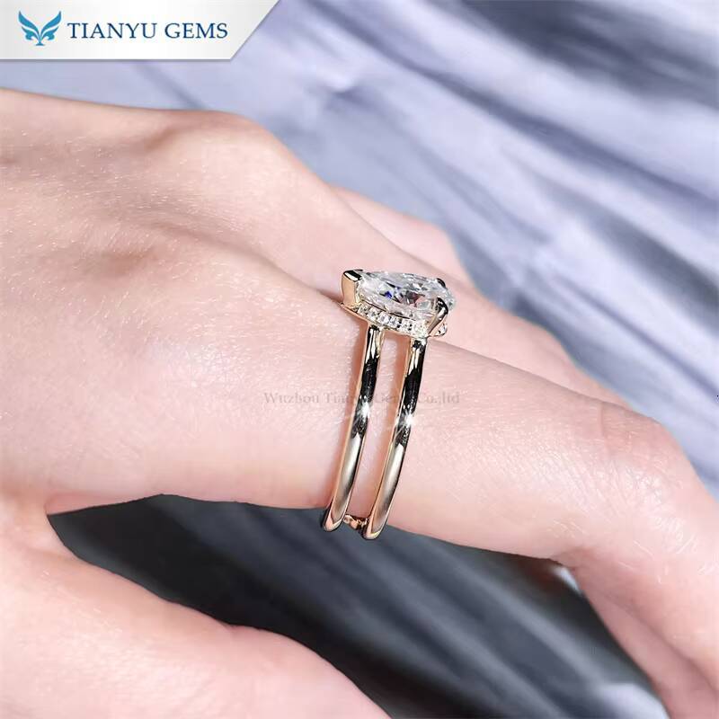 Tianyu Gems Moissanite Diamond 710mm Pear Cut 2carat 14k Yellow Gold Three Prongs Ring for Women Engagement