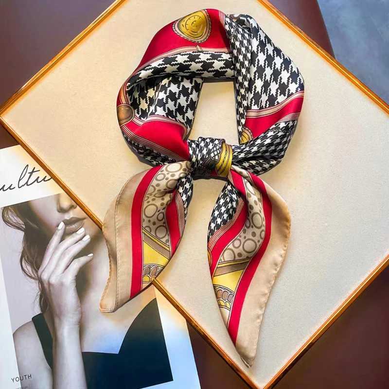 68cm Tassel Houndstooth Silk Scarf for Women Imitation Silk Light Luxury Versatile Headwear Clothing Square ScarfW251029