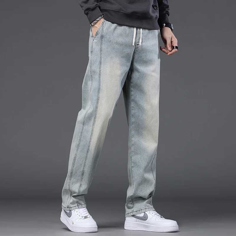 Autumn Winter Blue Jeans Men Drawstring Elastic Waist Cotton Cargo Denim Pants Work Fashion Thick Trousers Male Plus Size M4XL J251030