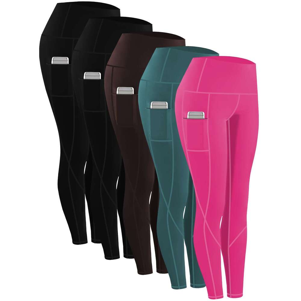 5pcs Set Women's Plus Size High-Waisted Leggings Full-Length Tight-Fit Yoga Pants with Pockets, 5 Solid Colors Black, Dark Blue, Bury, Purple, Na