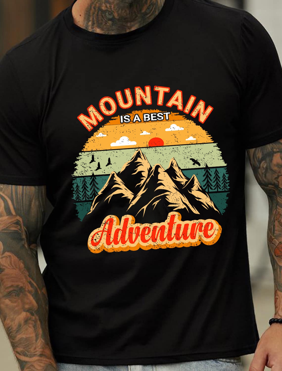 Europe & America Oumay Mountain and Sunset Print Pattern Men's Cotton Summer T-Shirt - TT7249