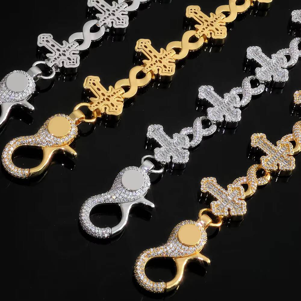 NUOYA Luxury 15MM Iced Out Pants Chain Silver Plated Cross and 8Character Infinite Design Bling moissanite Fine Hip Hop Jewelry Designer's style