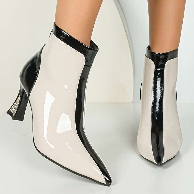 Women's Elegant Chunky Ankle Boots - Pointed Toe, Black White Color Block PU Cover Upper TPU Sole, Zipper Closure, Retro Style For Casual & Wear,