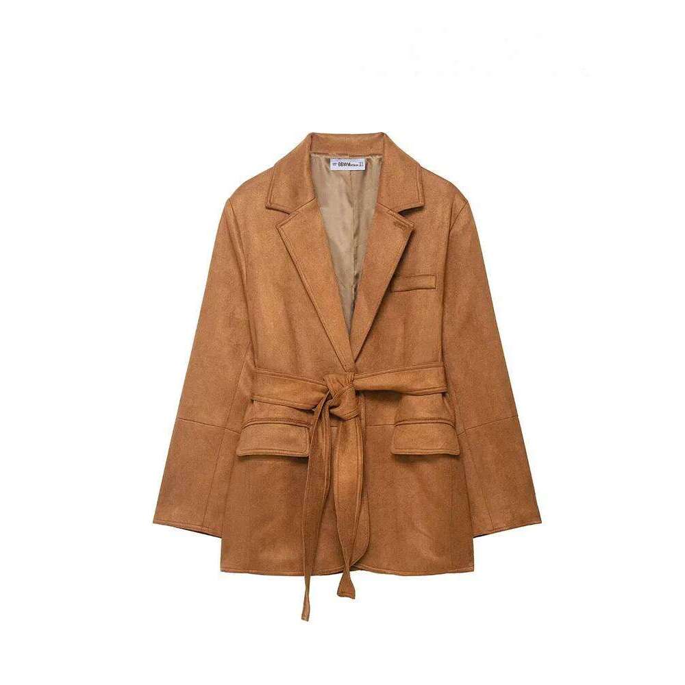 HH Women's Fashion Long Sleeves Jacket Solid Turn-Down Collar Lace-Up Decoration Pockets Button Female Autumn Casual Coats