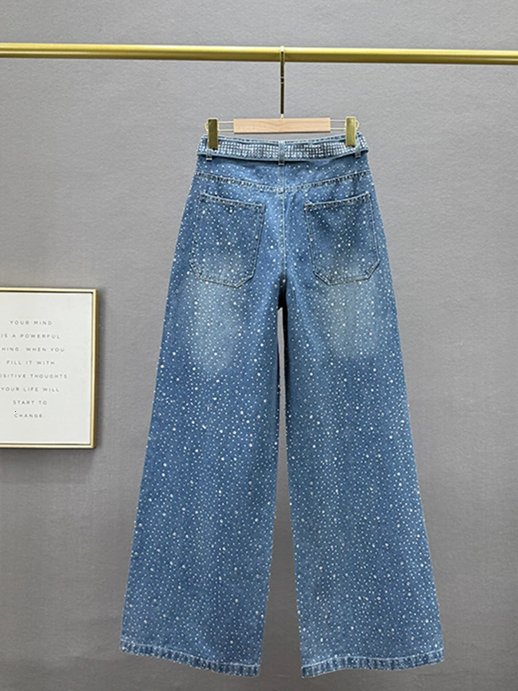 Vintage Fashion Womens Full Diamond Jeans High Waist With Belt Straight Wide Leg Denim Pant Female 2025 Autumn 251029