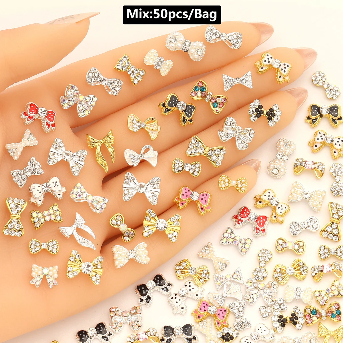 Mix 50pcs 3D Metal Nail Art Decorations Alloy Shiny Rhinestones Pearl Gems Zircon Diamond Charm DIY Nail Accessories 251027