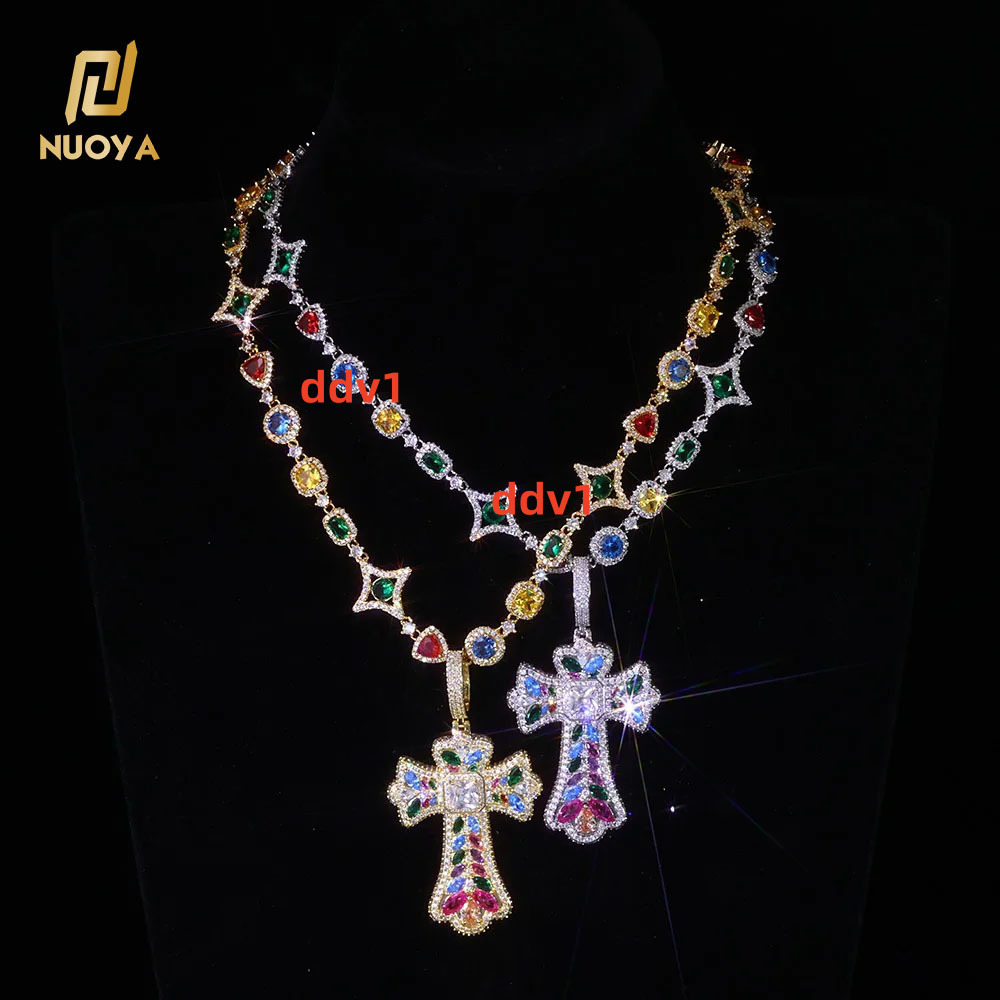 NUOYA Iced Out Colorful Cross Pendant Necklace Gold Plated Large Baguette moissanite Diamonds Custom Charm Design Hip Hop Jewelry Designer's styl