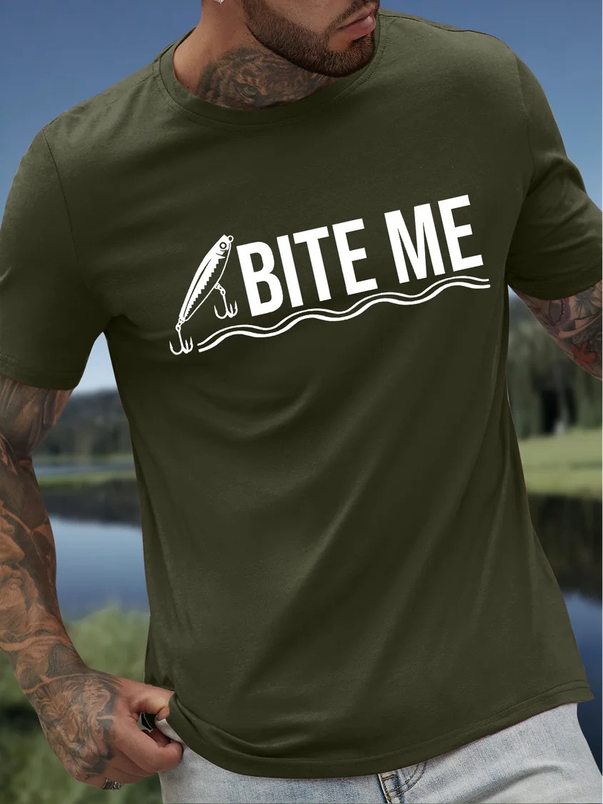 European & American Oversized Men's Funny Fishing Enthusiast Graphic Letter Print Cotton Casual Relaxed Fit T-Shirt - TT7302