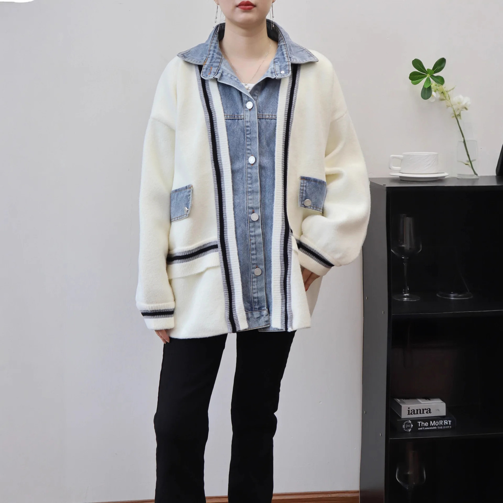 Women Knitted Spliced Cardigan Casual Jumpers Denim Patchwork Long Sleeves Single Breasted Thick Loose Office Lady 2025 Autumn 251029