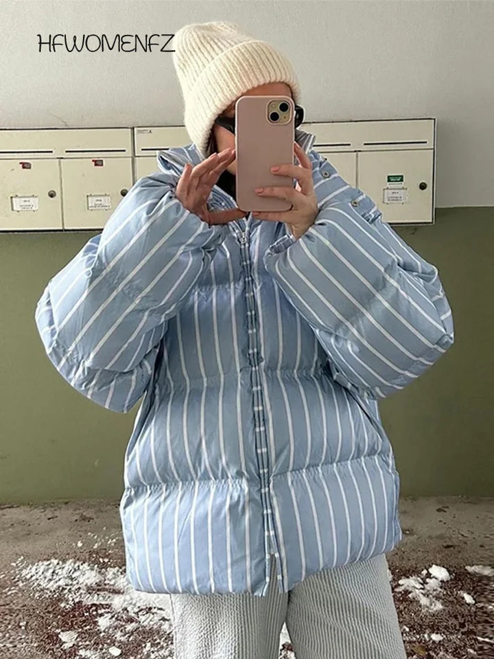 Casual Striped Thicken Coats Women Fashion Full Sleeve Loose Stand Collar Zippers Jackets Female 2025 Autumn Winter Lady Coat 251030