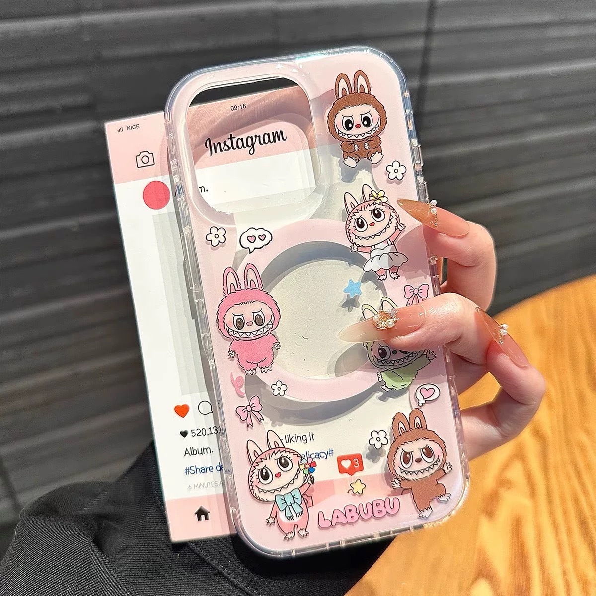 ddmythur Pink Labubu Plush Doll Magnetic Attachment Compatible with Apple 16 Pro Max Phone Case 15 Plus 14 Soft 13/11/12