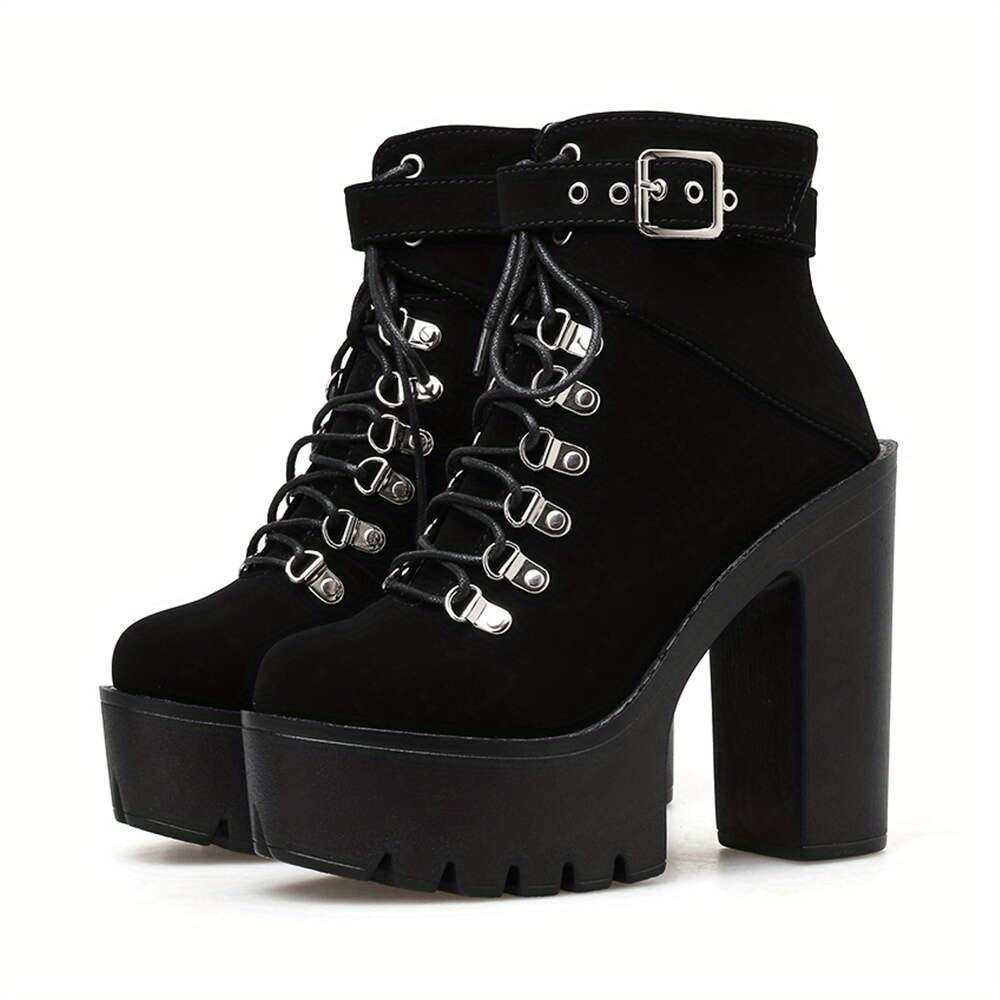 Women's Platform Block High Heels Boots, Black Round Toe Lace Up Ankle Buckle Strap Pumps, Fashion Party Motorcycle Short Boots