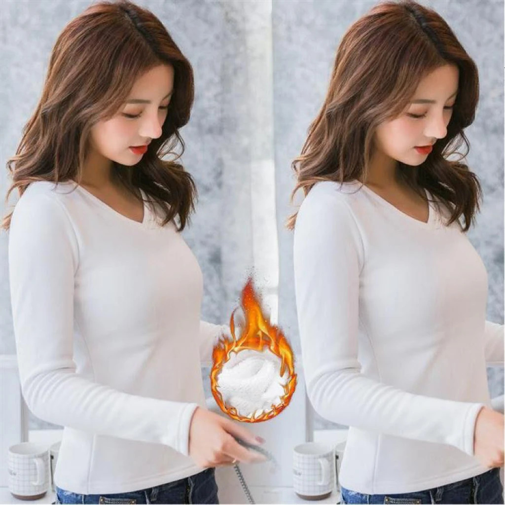 1pcs Women Autumn Winter Longsleeved Tshirt Lady Thermal Underwear Thick Velvet Slim Fit Fashion Style Vneck Top 251030