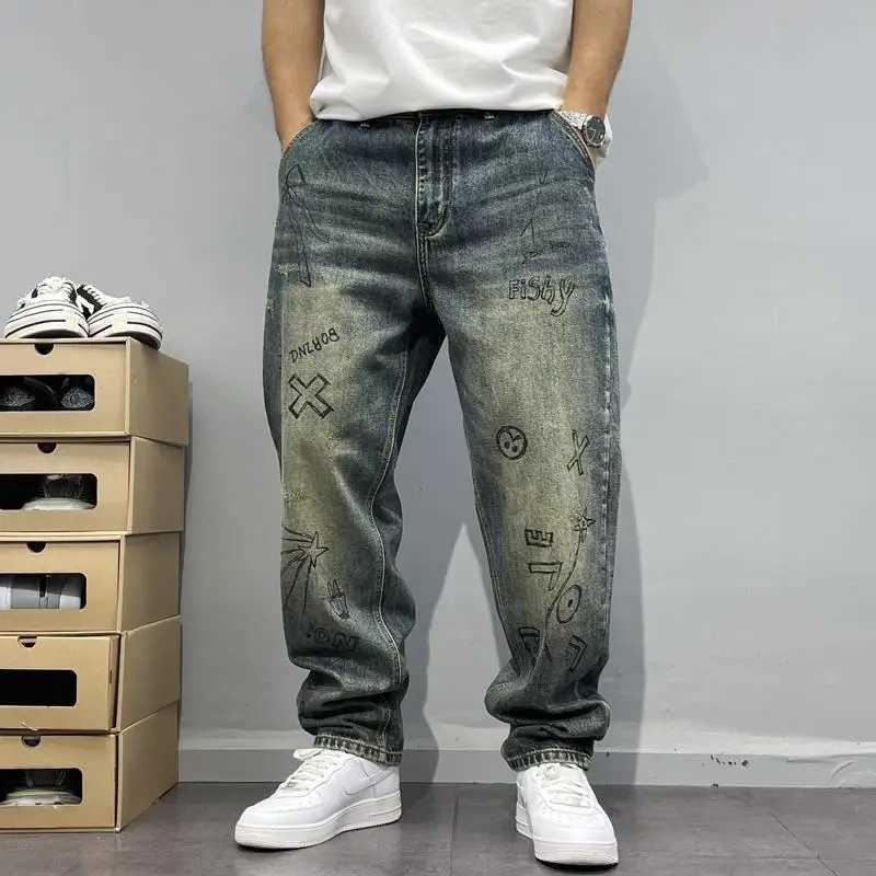 Spring and Autumn Retro Old Washed Grinded Printed Jeans Mens Loose Fit MicroConical Small Straight Trousers High Street Trend J251030