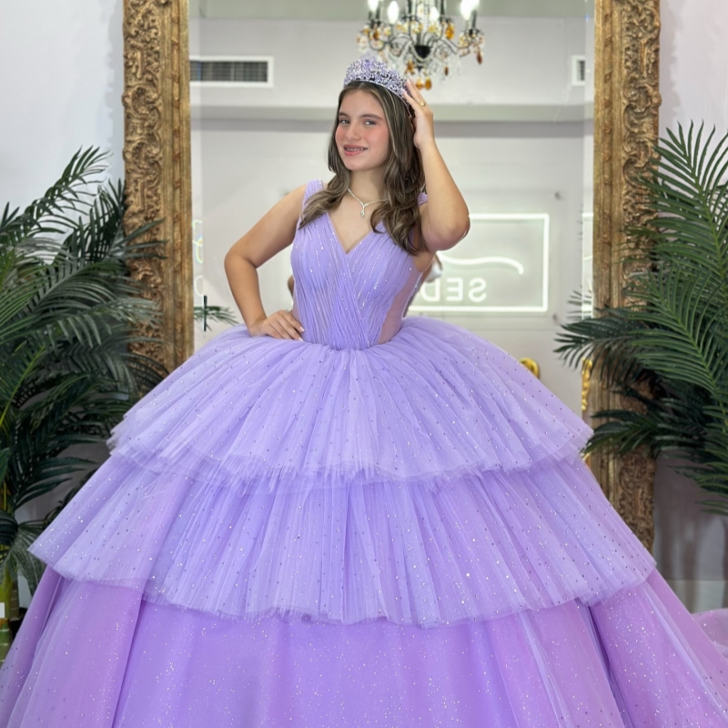 Lavender Shiny Quinceanera Dresses Off The Shoulder Beading Tiered Tull Party Birthday Sweet 16 Dress Vestidos 15 Anos