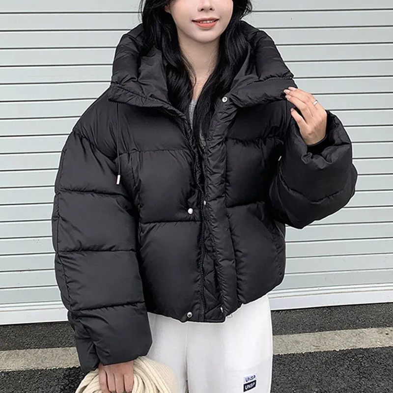puffy hooded short parka thicken loose down cotton coat for women solid color warm outwears winter jacket 251015