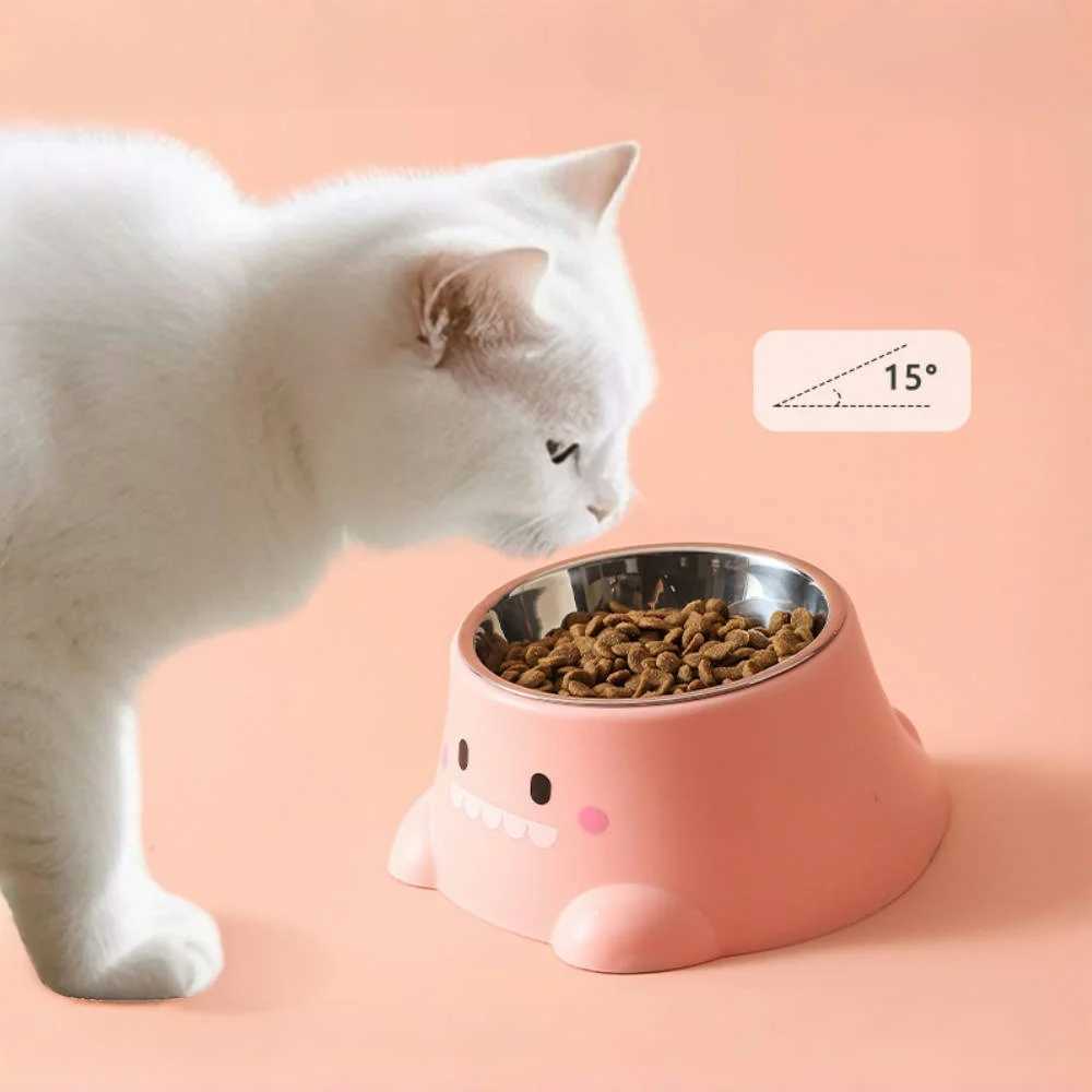 Cartoon Dinosaur 15 Tilted Pet Bowl Elevated Stainless Steel Dish with Neck Support Fun Cute Feeder for Cats Puppy J251113