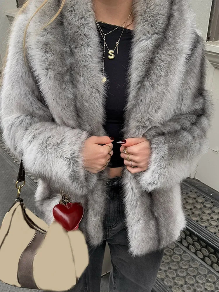 Elegant Printed Faux Fur Coats For Women Chic V Neck Long Sleeve Winter Jackets Ladies Warm Fashion Outerwears 251029