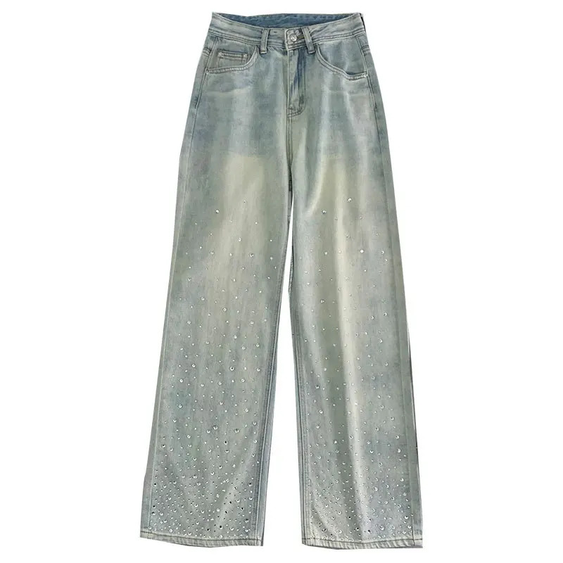 Y2K Sense Crystal Diamond High Waist Straight leg Jeans for Womens Fashion Loose and Slim Wide Leg Pants 251029