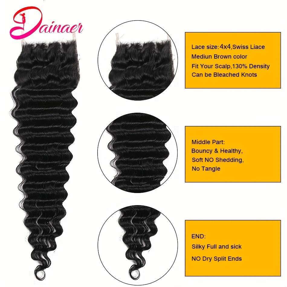 3 Bundles Human Hair Extensions With 4X4 Transparent Lace Closure - Free Part, Natural Black, Long Curly Style, Versatile For All Ethnicities, Ethnic 