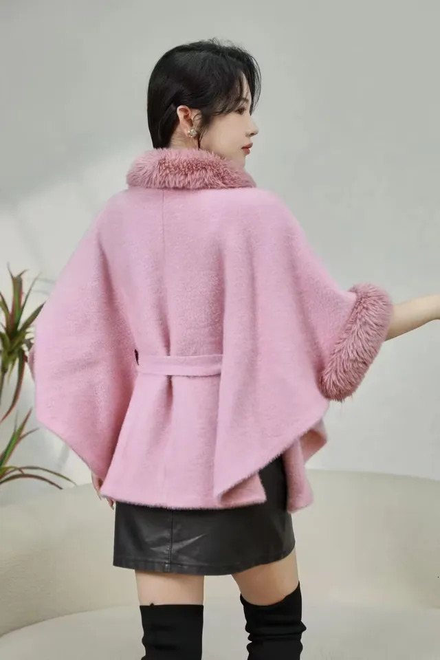 3 Colors Women Fur Cashmere Cardigan Button Loose Coat Winter Warm Woolen Poncho Cape Batwing Sleeves Overcoat With Ball Belt 251029