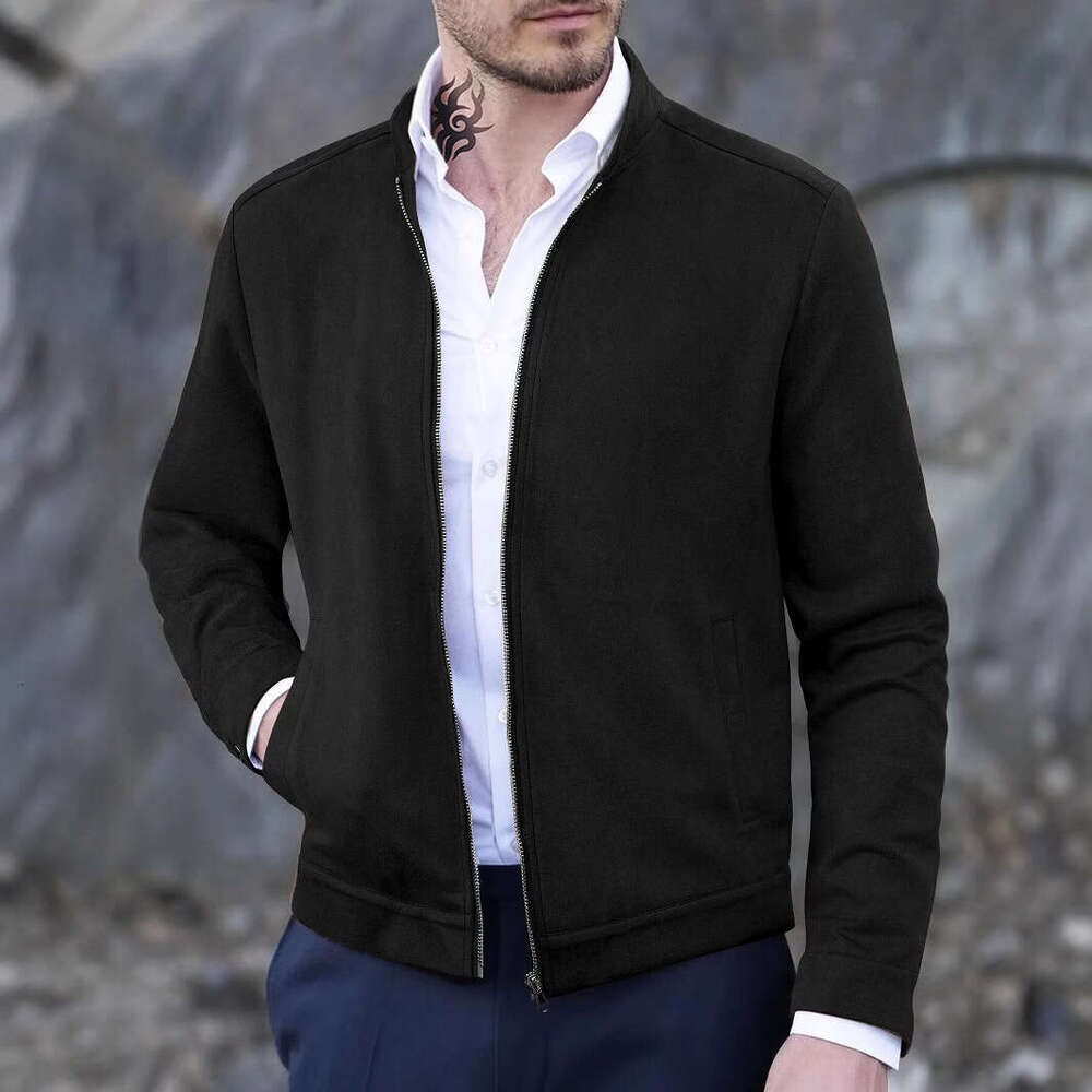 European Size Autumn Winter New Slim Fit Round Neck Long Sleeve Stand Collar Cardigan Personality Style Casual Jacket Coat for Men