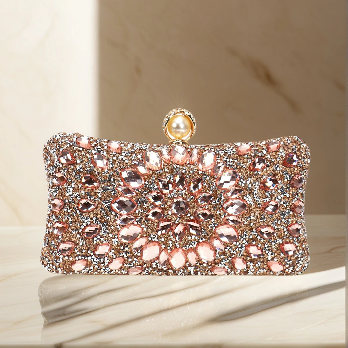 Golden Metal Pearl Rhinestones Glitter Evening Bags Small Lady Prom Dinner Night Gift Girlfriend Purse Acrylic Diamonds E 251023