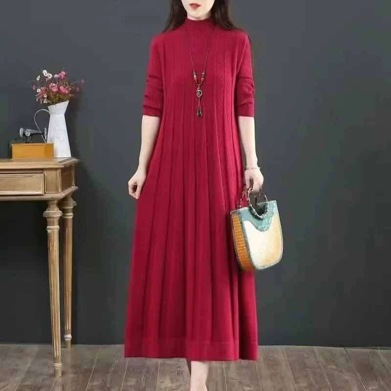 AutumnWinter Women Knitted Dress 2025 Solid Loose Pullover Half High Collar Long Knitted Sweater Dress Female HighQuality 251029