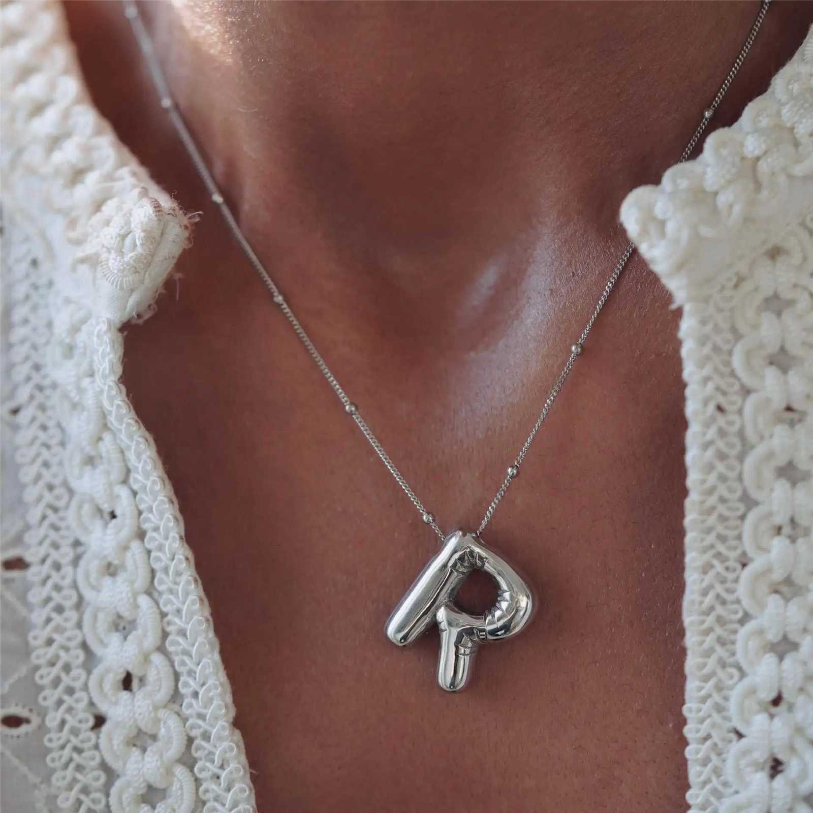 Party Balloon Bubble Alphabet Letter Pendant Necklaces for Women Silver Color Stainless Steel Initials Name Customized JewelryXJ251030
