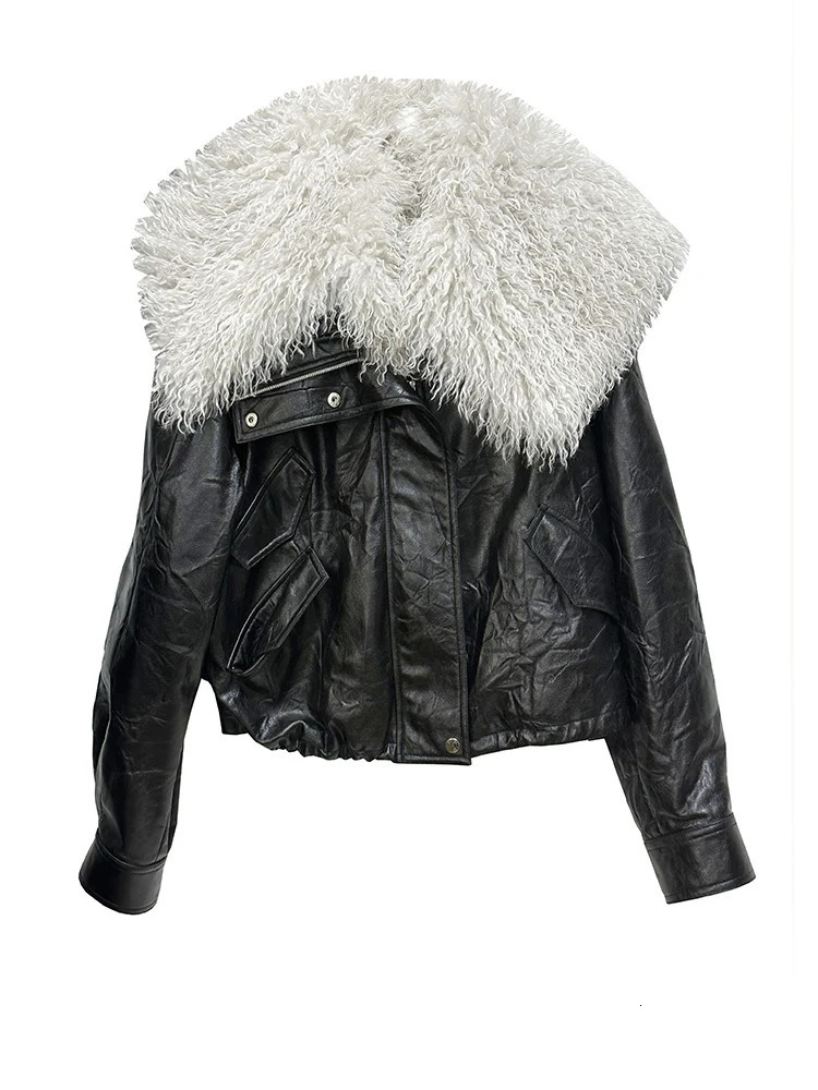 EAM Black Big Size PU Leather Jacket Removable Fur Collar Long Sleeve Women Coat Fashion Spring Autumn 2025 1DH2121 251029